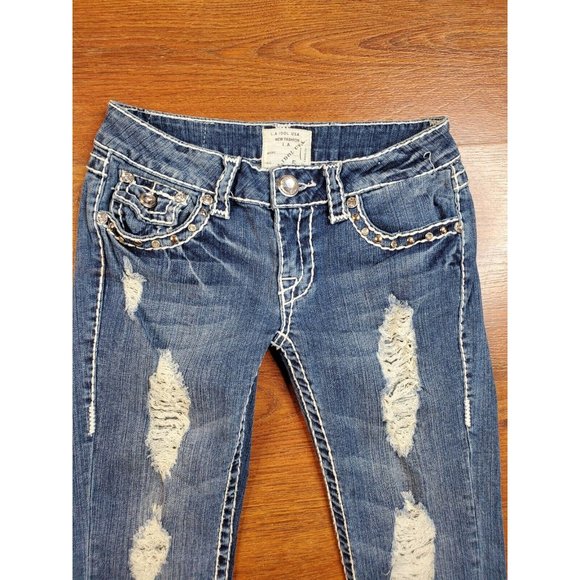 LA Idol Women's/Juniors Capri Jeans Bling Embellished Distressed size 5 (29x18) - Picture 6 of 7